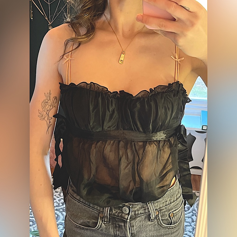 y2k black vintage bustier with small pink bows on straps ✨